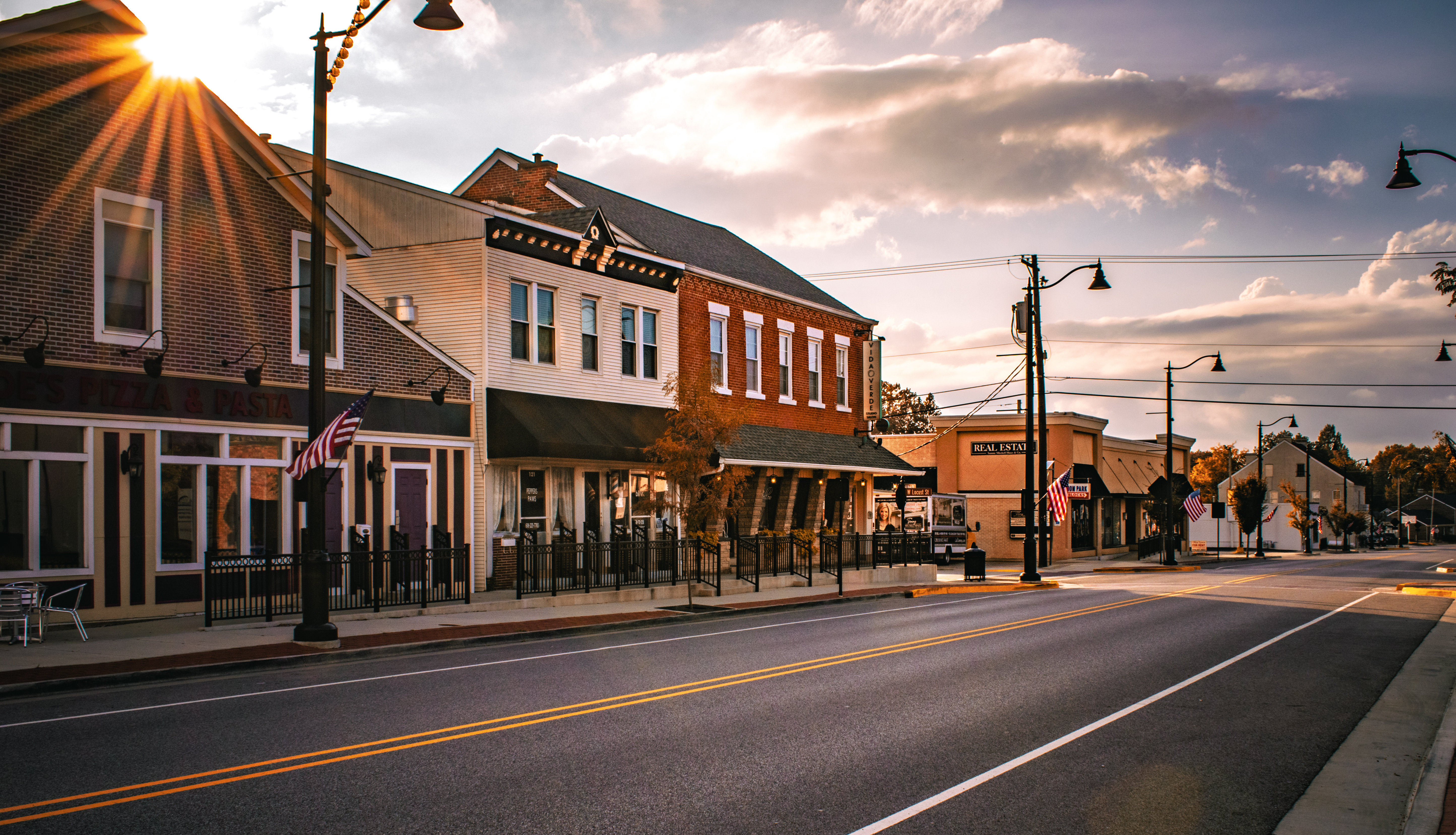 Main street in a small American town lined with veteran-owned storefronts